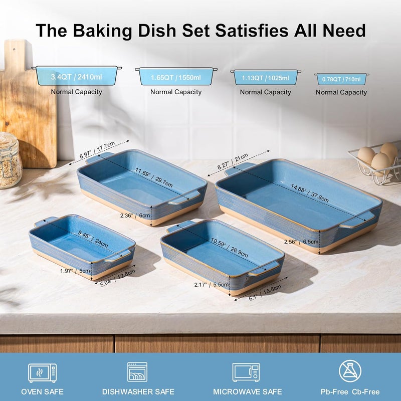 Dafuceramic Casserole Dishes for Oven, Baking Dishes, Ceramic Bakeware Sets of 4, Rectangular Baking Pan Set with Handles for Baking, Casserole, Kitchen, Wedding Gift (Blue Yellow) - Image 2